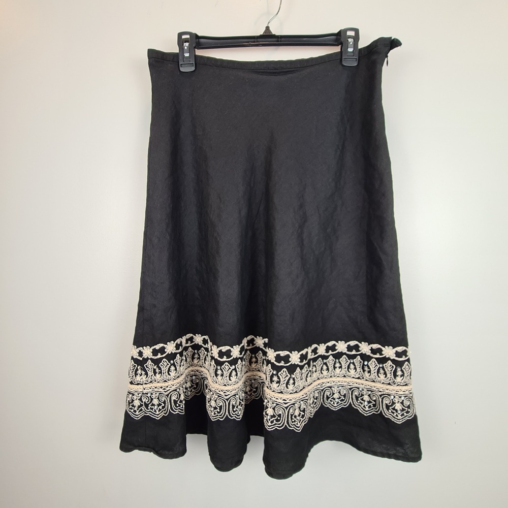 Rafaella‎ Black 100% Linen Embroidered Knee Skirt Size 14 A-Line Sequin Bead Hem